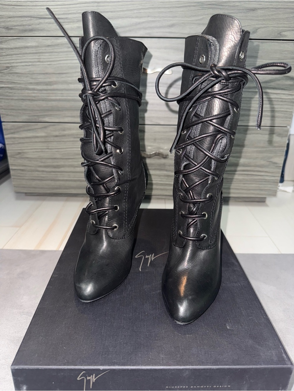 Giuseppe Zanotti Black Lace-Up Leather Stiletto Boots with Denim Detailing